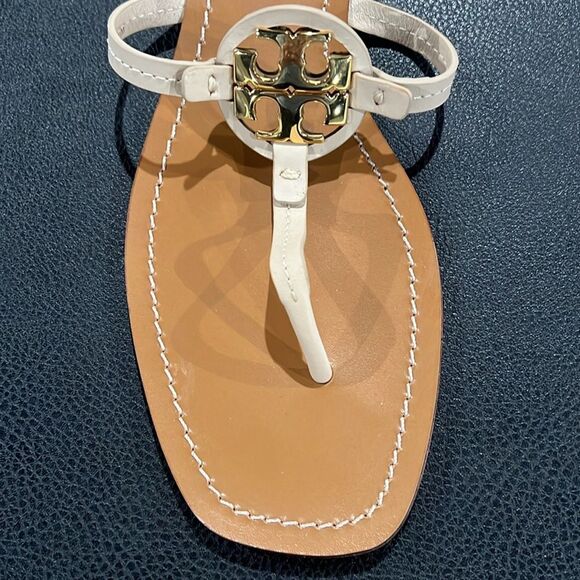 Tory Burch Mini Miller Ivory LEATHER Flat Sandals Size 10.5 Authentic  BRAND NEW - Picture 2 of 7
